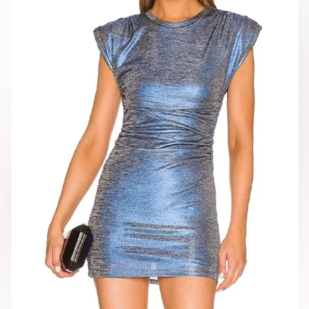 Lovers + Friends Shimmering Metallic Blue Ruched Mini Dress